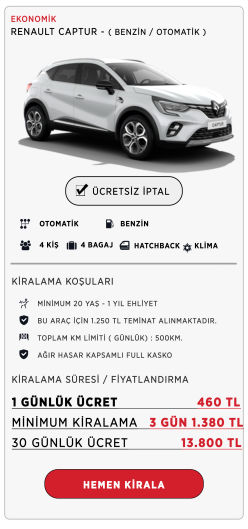 Kiralık Renault Captur - Kiralık Araç - Kiralık Araba - Günlük Kiralık Araç - Aylık Kiralık Araç